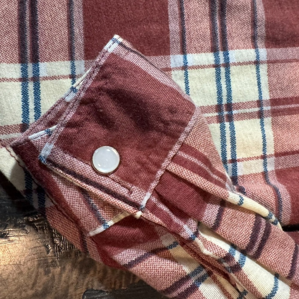 Womens Passport Maroon Plaid Pearl Snap Shirt Size S Western Adjustable Sleeves‎ - Picture 3 of 14